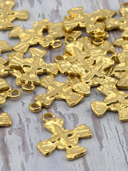Distressed Cross Charm, Satin Gold Plated - ST255