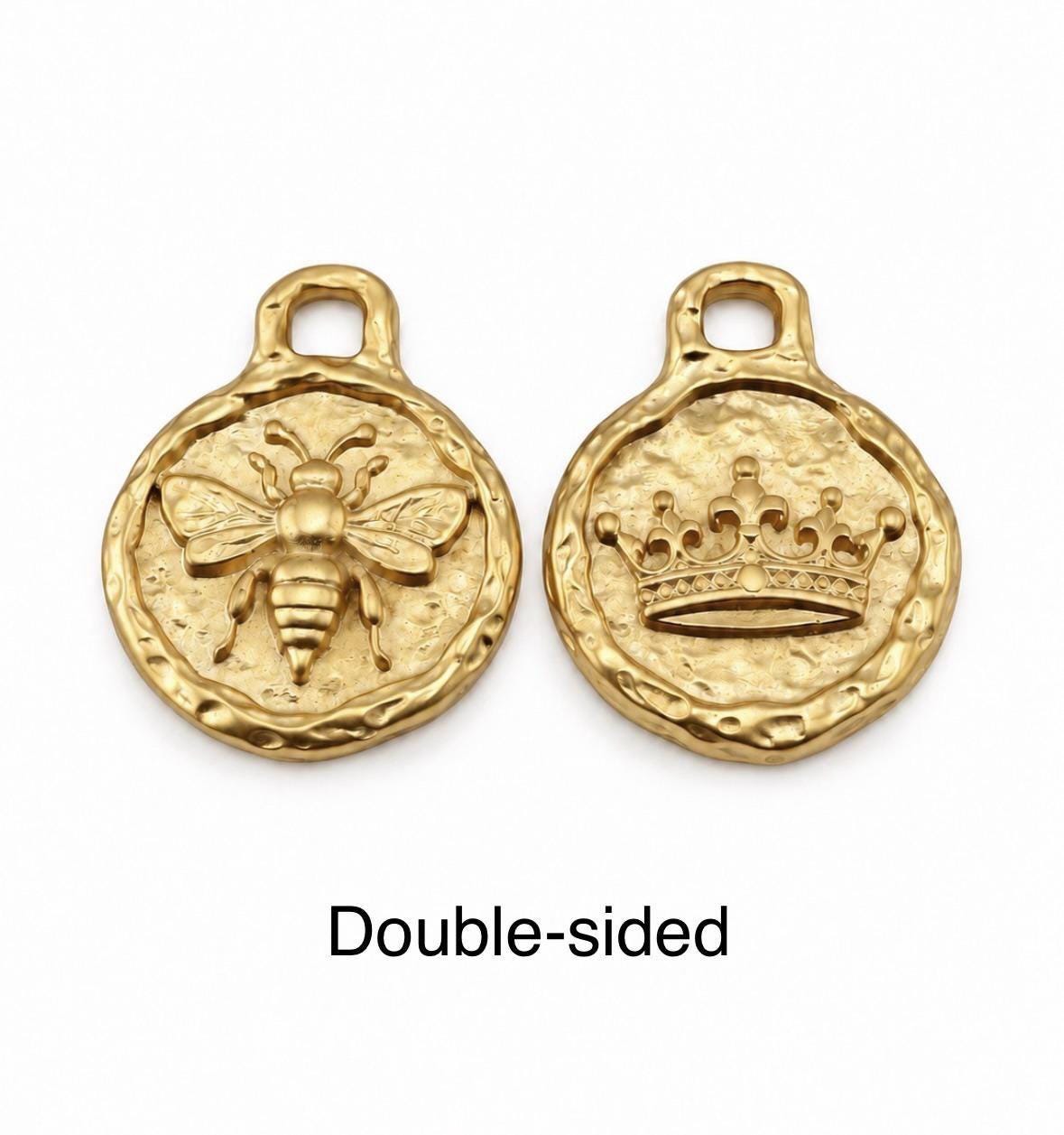Queen Bee Double Sided Charm, Satin Gold Plated Round Pendant - TB164