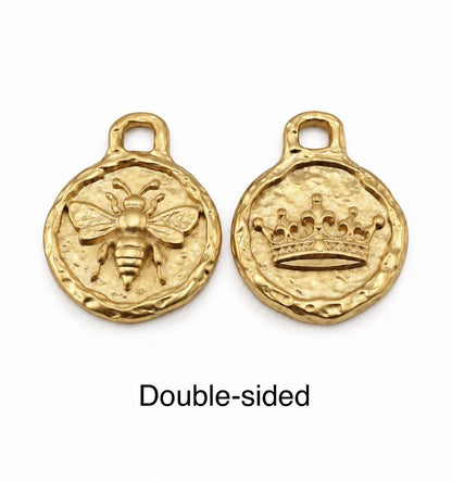 Queen Bee Double Sided Charm, Satin Gold Plated Round Pendant - TB164