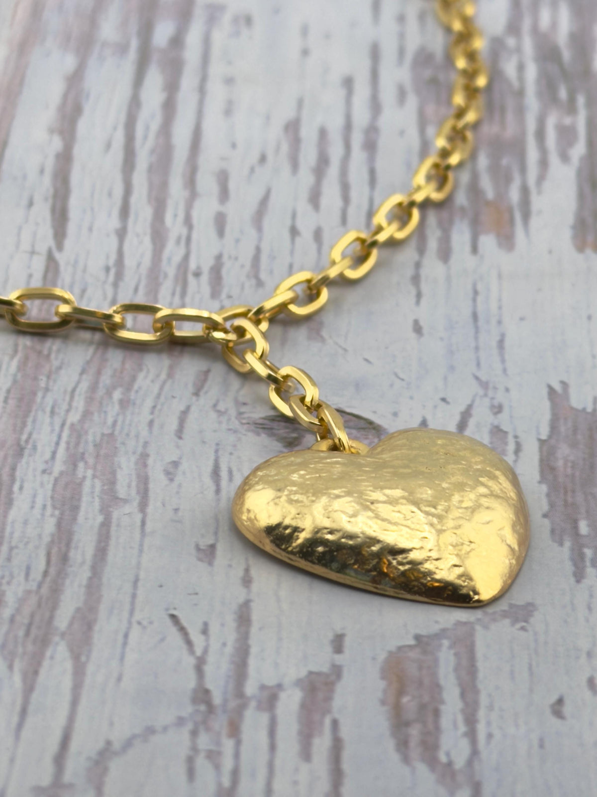 Large Half-Puffy Hammered Boho Heart Charm, Satin Gold Plated - TB169