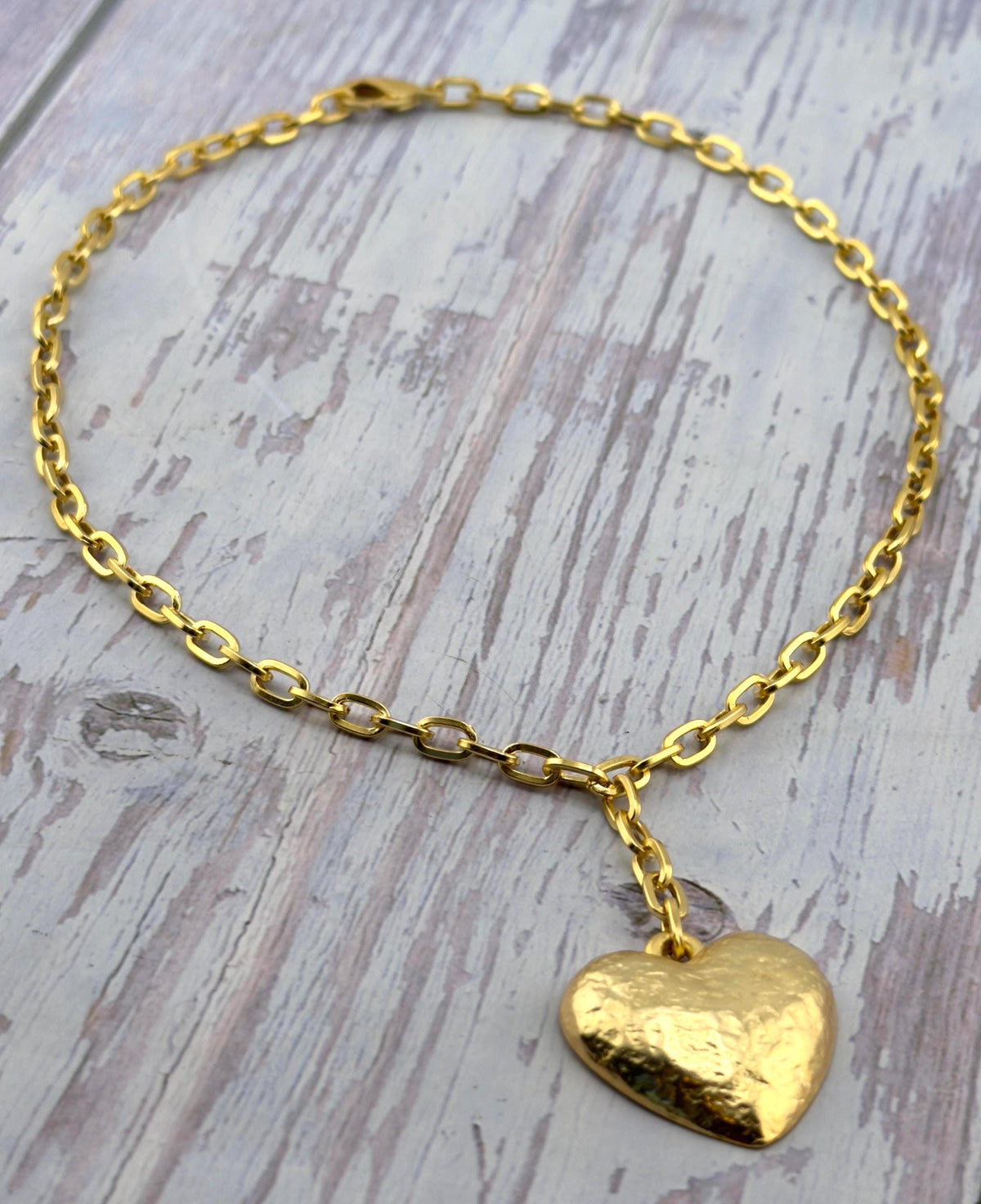Large Half-Puffy Hammered Boho Heart Charm, Satin Gold Plated - TB169