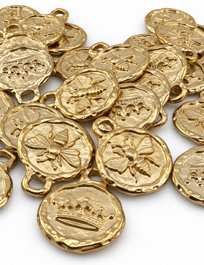 Queen Bee Double Sided Charm, Satin Gold Plated Round Pendant - TB164