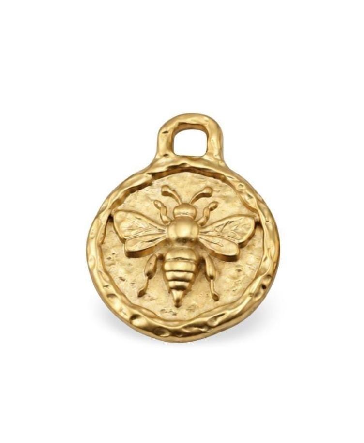 Queen Bee Double Sided Charm, Satin Gold Plated Round Pendant - TB164