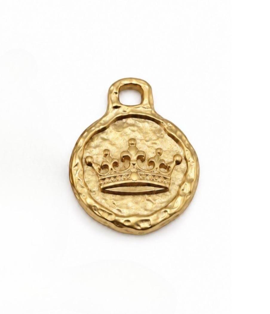 Queen Bee Double Sided Charm, Satin Gold Plated Round Pendant - TB164