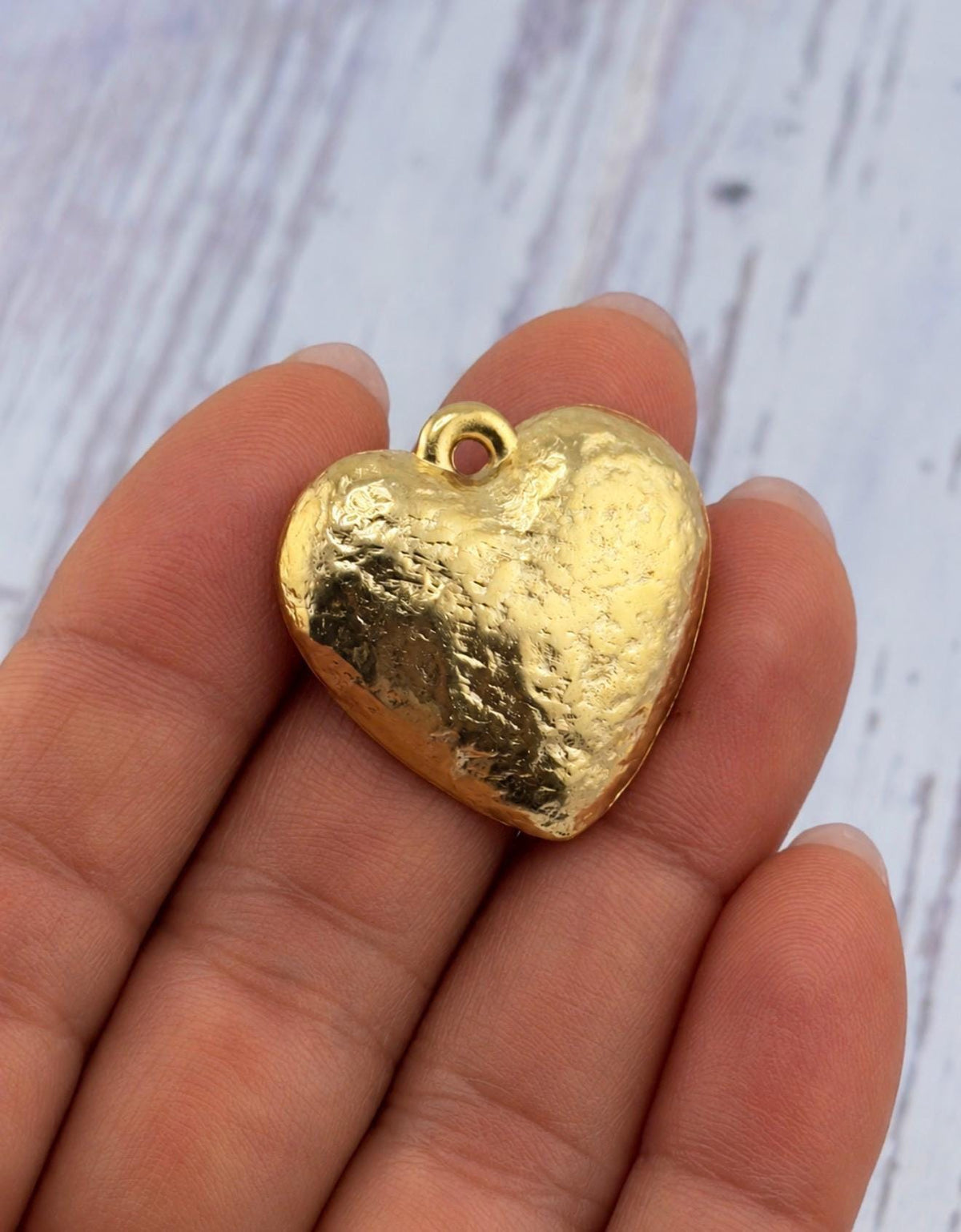 Large Half-Puffy Hammered Boho Heart Charm, Satin Gold Plated - TB169