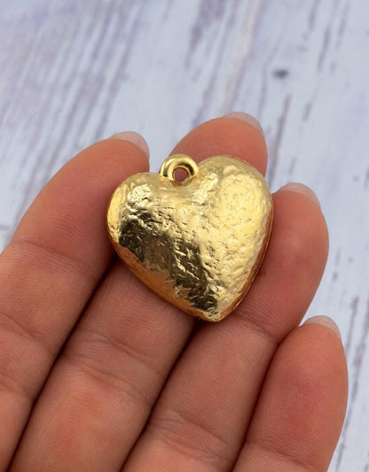 Large Half-Puffy Hammered Boho Heart Charm, Satin Gold Plated - TB169