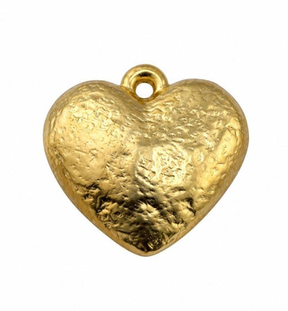 Large Half-Puffy Hammered Boho Heart Charm, Satin Gold Plated - TB169