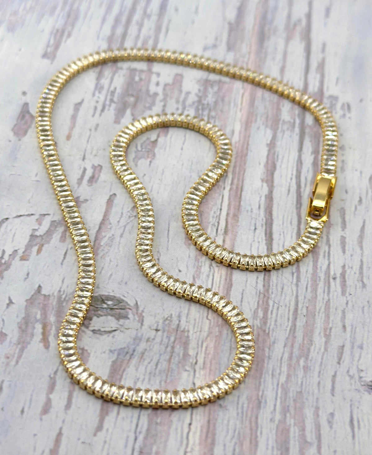 Baguette Cubic Zirconia Tennis Chain Necklace, Satin 18k Gold Plated - TB177