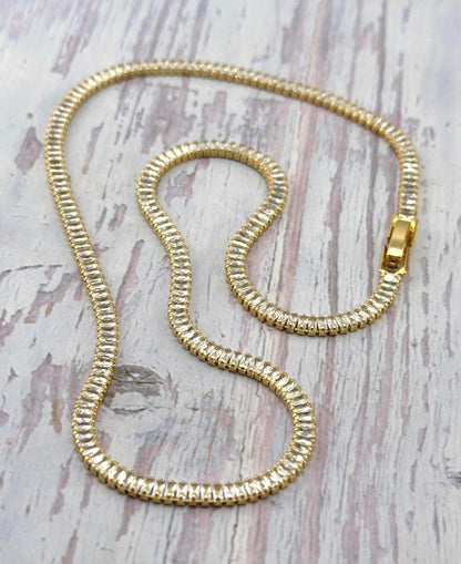 Baguette Cubic Zirconia Tennis Chain Necklace, Satin 18k Gold Plated - TB177