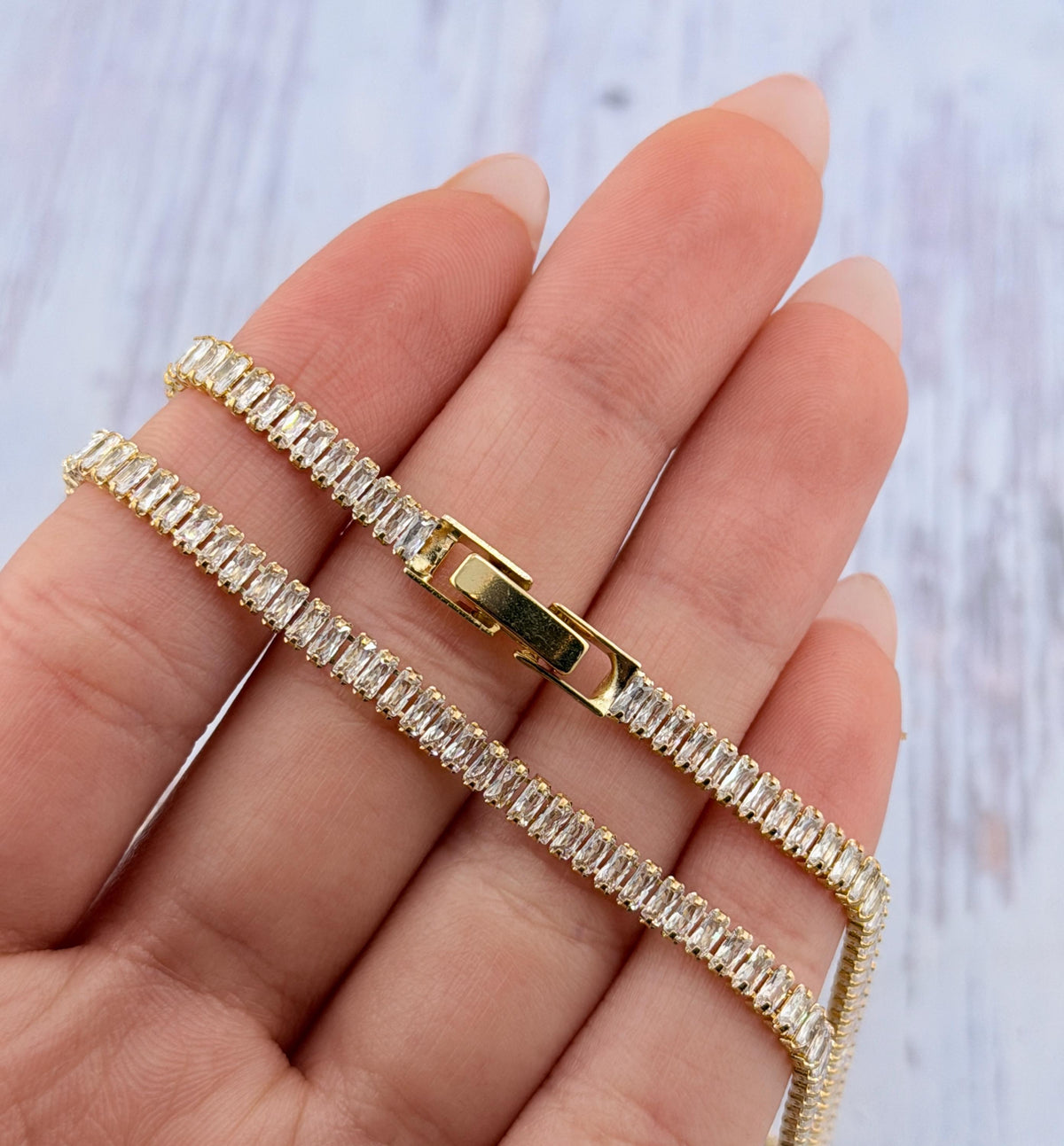 Baguette Cubic Zirconia Tennis Chain Necklace, Satin 18k Gold Plated - TB177