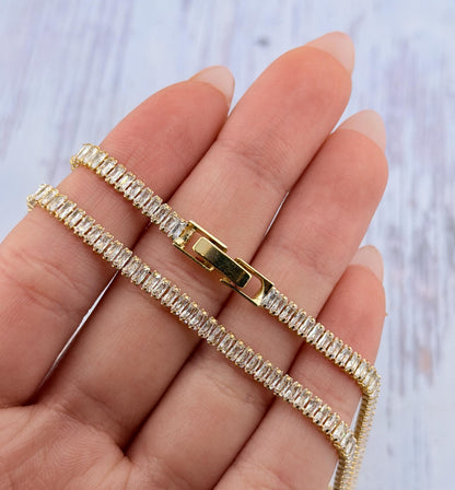 Baguette Cubic Zirconia Tennis Chain Necklace, Satin 18k Gold Plated - TB177