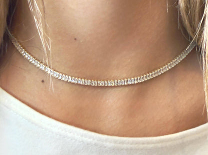 Baguette Cubic Zirconia Tennis Chain Necklace, Satin 18k Gold Plated - TB177