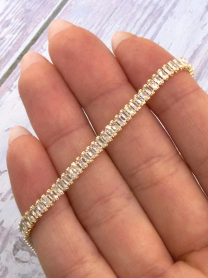 Baguette Cubic Zirconia Tennis Chain Necklace, Satin 18k Gold Plated - TB177