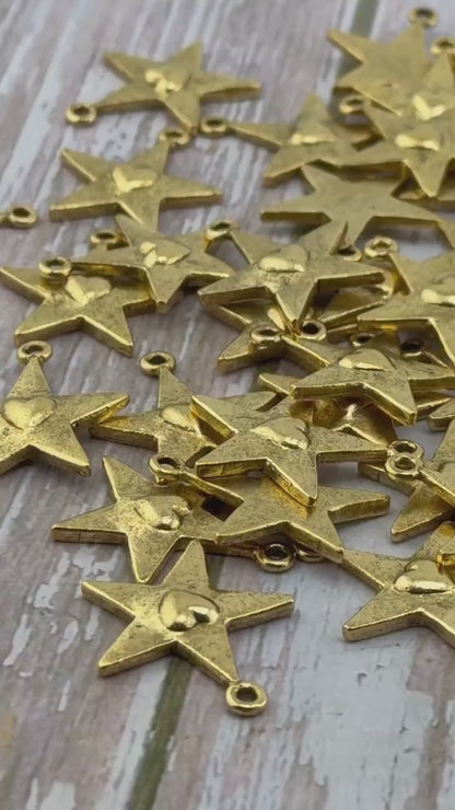 Small Nestled Heart Star Charm, Antiqued 18k Gold Plated - AG010