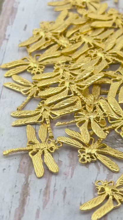 2-Dragonfly Charms, Satin Gold Plated Small Pendants Insects Wholesale Findings, ST687