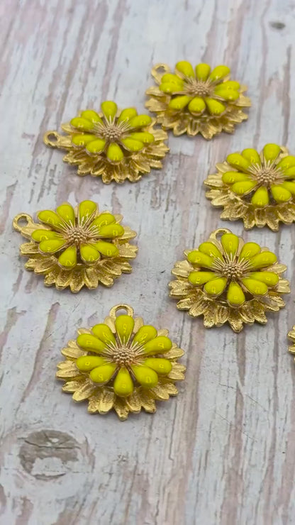 3D Yellow Enamel Flower Charm, Satin 18k Gold Plated Findings - ST582