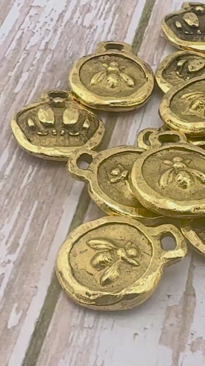 Double-sided Queen Bee Pendant, Antiqued 18K Gold Plated - AG118