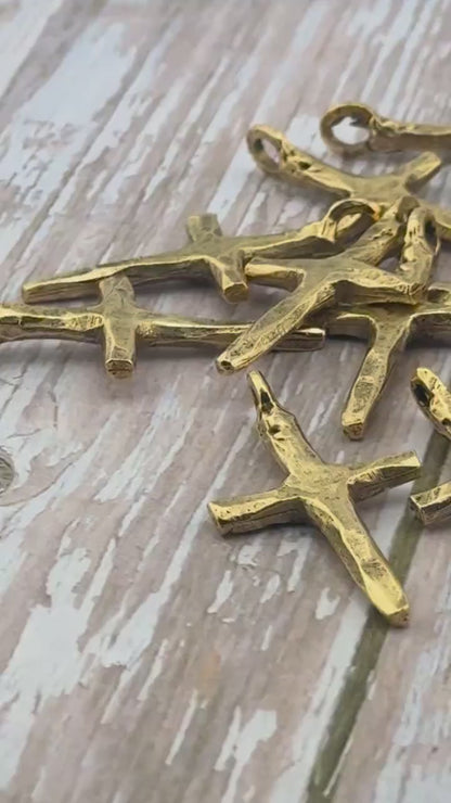Large Rustic Cross Charm, Antiqued 18k Gold Plated - AG121