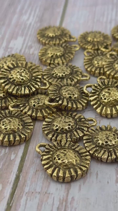 Rustic Sunflower Charm, Antiqued 18k Gold Plated - AG106