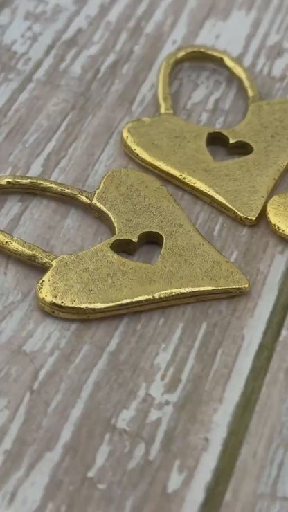Large Padlock Heart Charm, Antiqued 18k Gold Plated - AG092