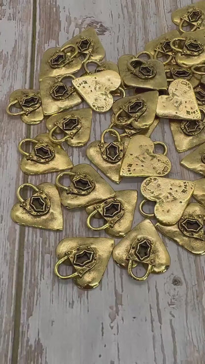 Grand Breloque Cœur Cadenas, Plaqué Or Vieilli - AG024