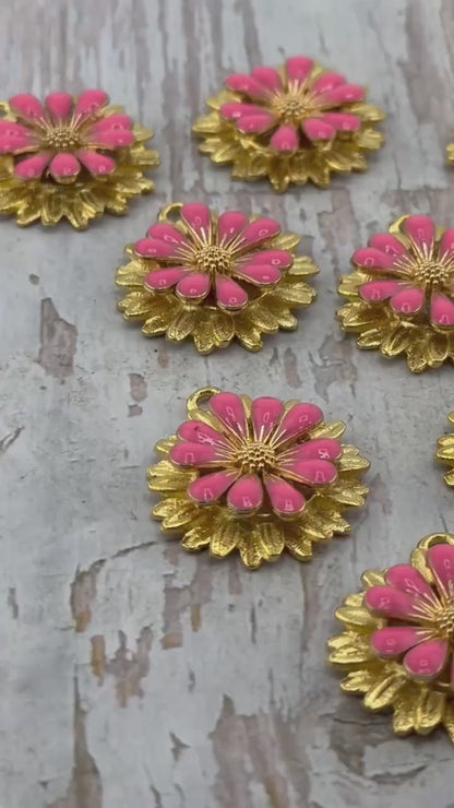 Hot Pink 3D Enamel Large Flower Charm, Satin 18k Gold Plated - ST579