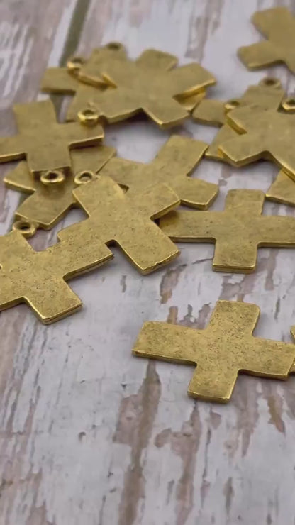 Distressed Cross Charm, Antiqued 18k Gold Plated - AG146
