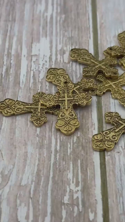 Large Ornate Christian Cross Pendant, Antiqued 18k Gold Plated - AG006