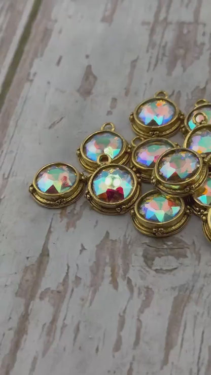 Iridescent AB Crystal Round Bezel Charm, Antiqued 18k Gold Plated - AG541