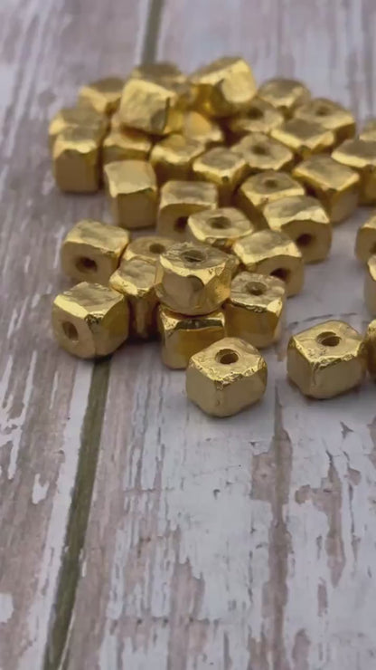 Square Artisan Spacer Beads, Satin 18k Gold Plated - ST277