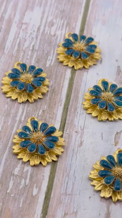 Prussian Blue 3D Enamel Flower Charm, Satin 18k Gold Plated - ST581